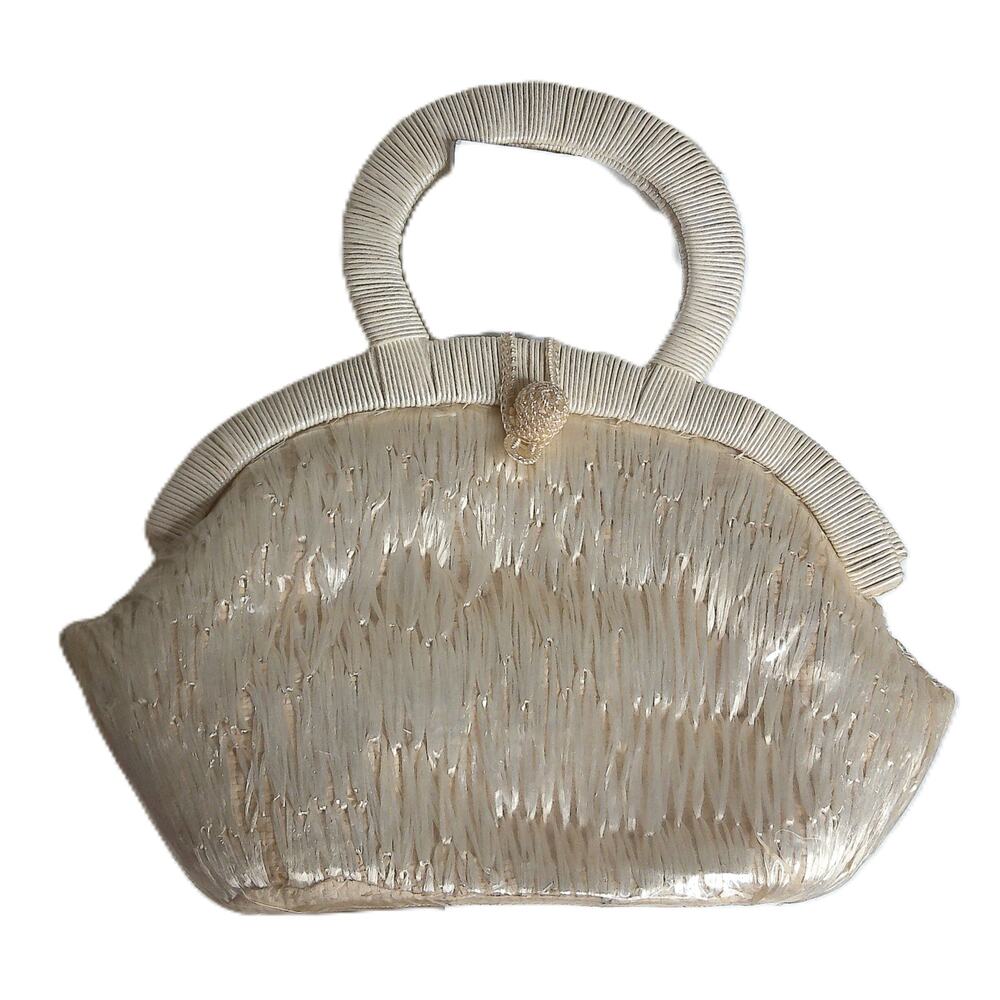 Vintage 1960s White Plastic Coated Raffia Handbag with Loop & Ball Closure Japan